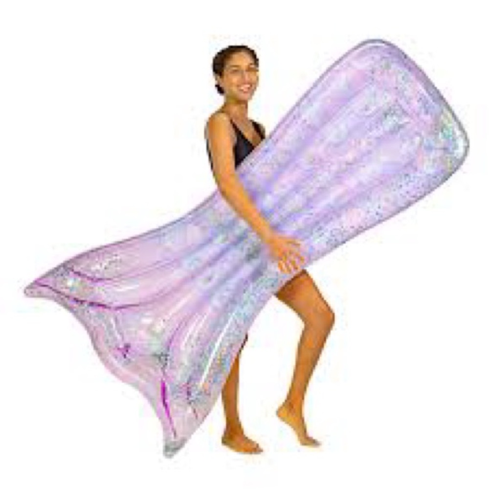 PoolCandy Mermaid Tail Pool Raft featuring holographic glitter inside. Purple